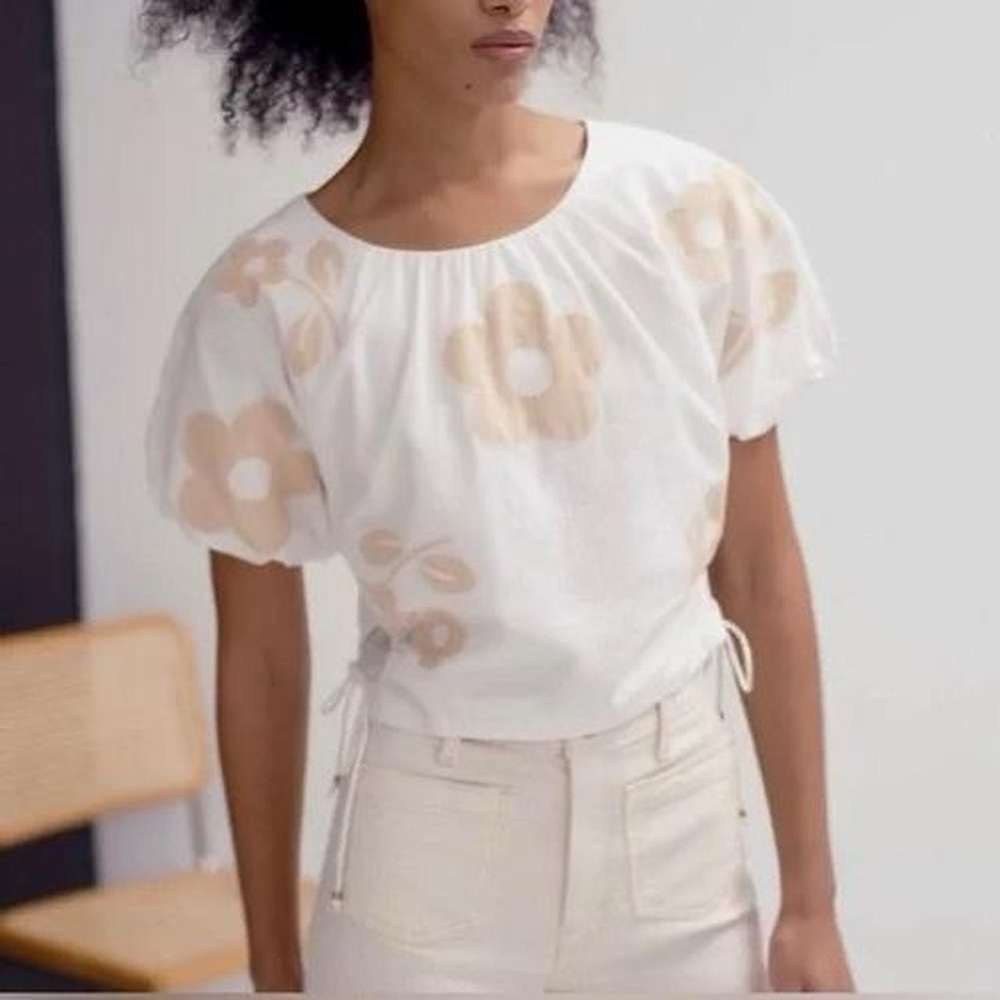 NWT Madewell Poplin Gingham Embroidered Flower Puff Sleeve Cut Out Top in White - Picture 7 of 8